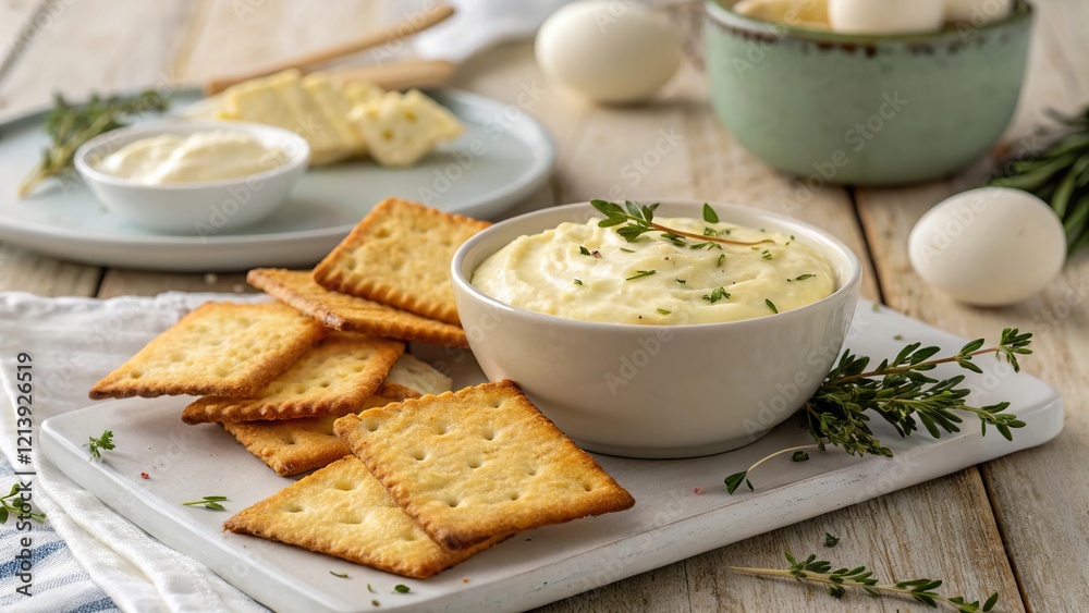 Crispy Easter crackers served with creamy dip and garnished herbs for a festive celebration Crispy Easter crackers served with creamy dip and garnished herbs for a festive celebration