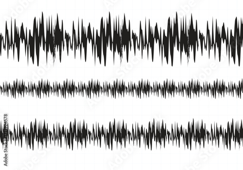Black waveform sound waves, heart beat rate vector illustration on a white background with light graph lines, ideal for audio visualization, music production, and sound-related design projects. EPS 10