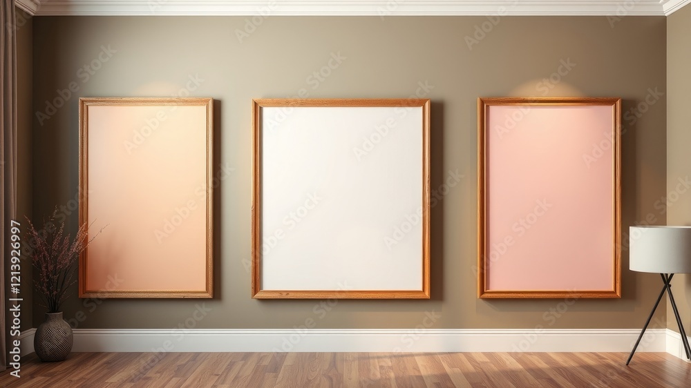 Empty wooden picture frames on a wall in a modern interior Empty wooden picture frames on a wall in a modern interior