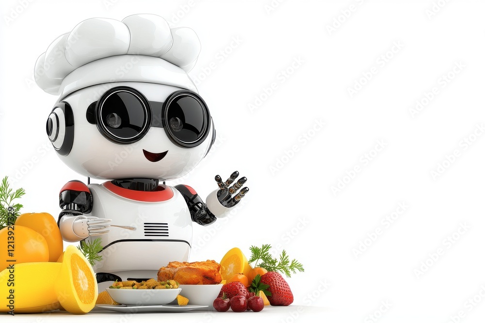 Friendly Robot Chef with Fresh Ingredients and Colorful Dishes