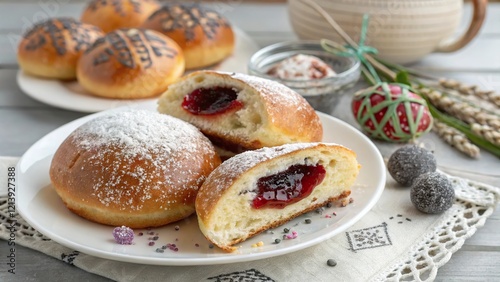 Freshly made Eastern European Easter pastries filled with strawberry jam and decorated with powdered sugar