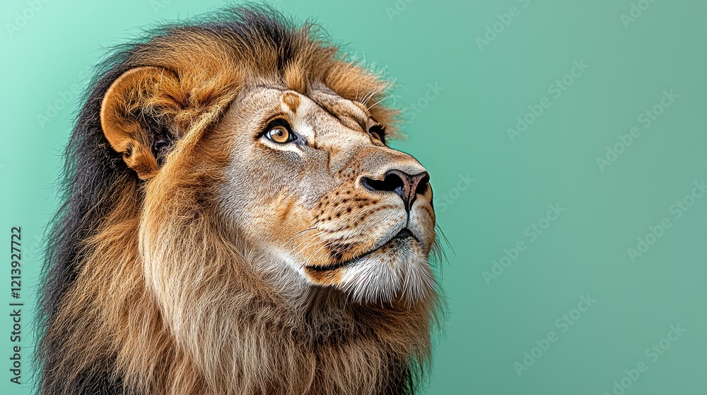 Fototapeta premium Majestic Male Lion Portrait Against Teal Background