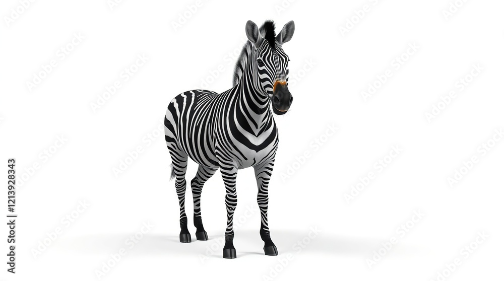 Fototapeta premium Zebra standing alone in a clean, white, isolated background, with a strong focus on showcasing its striking black and white stripes.