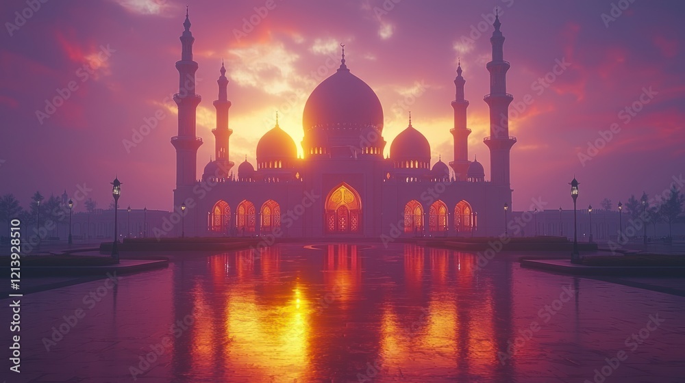 Obraz premium Majestic Mosque at Sunset Reflected in Still Water, Evoking Peace and Serenity