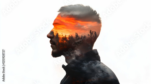 Double exposure portrait of a young man merging with nature showing sunset and forest inside his head, symbolizing freedom, imagination, and connection with environment