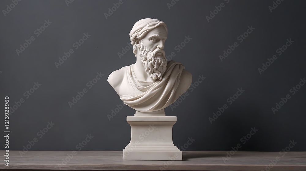 Ancient philosopher bust with subtle details in white marble placed on a pedestal Ancient philosopher bust with subtle details in white marble placed on a pedestal