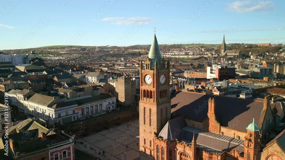 Aerial shot of the Guildhall in Derry-Londonderry, NI. The camera begins tight on the clock tower and reverses to reveal the city. Filmed in 4K at 60fps and in Rec709 color space.