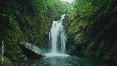 Lush Green Forest Waterfall Cascading Down Rocks