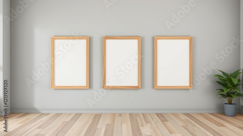 Three blank frames on a gray wall above light wood flooring with a potted plant