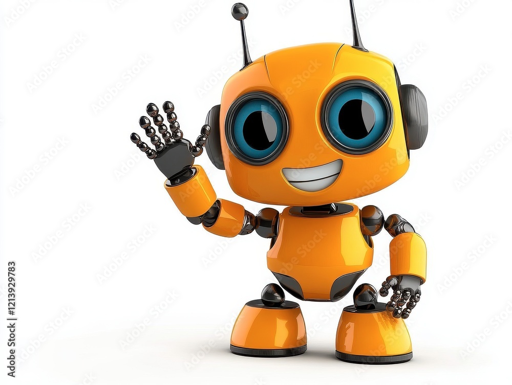 Cheerful Friendly Cartoon Robot Character Waving with a Smile Cheerful Friendly Cartoon Robot Character Waving with a Smile