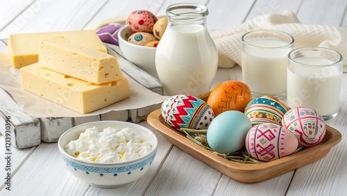 Colorful Easter eggs and dairy products arranged on a rustic table for a festive celebration