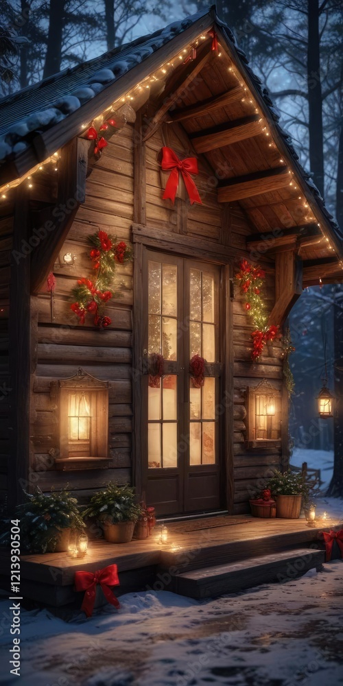 Obraz premium Cozy wooden cabin decorated with twinkling lights and red bows for Christmas, festive, cabin, red bows