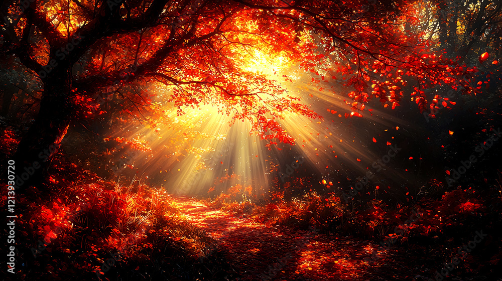 Autumnal Forest Path: Sunbeams Dance Through Red Leaves. A Magical, Peaceful Nature Scene. Autumnal Forest Path: Sunbeams Dance Through Red Leaves. A Magical, Peaceful Nature Scene.