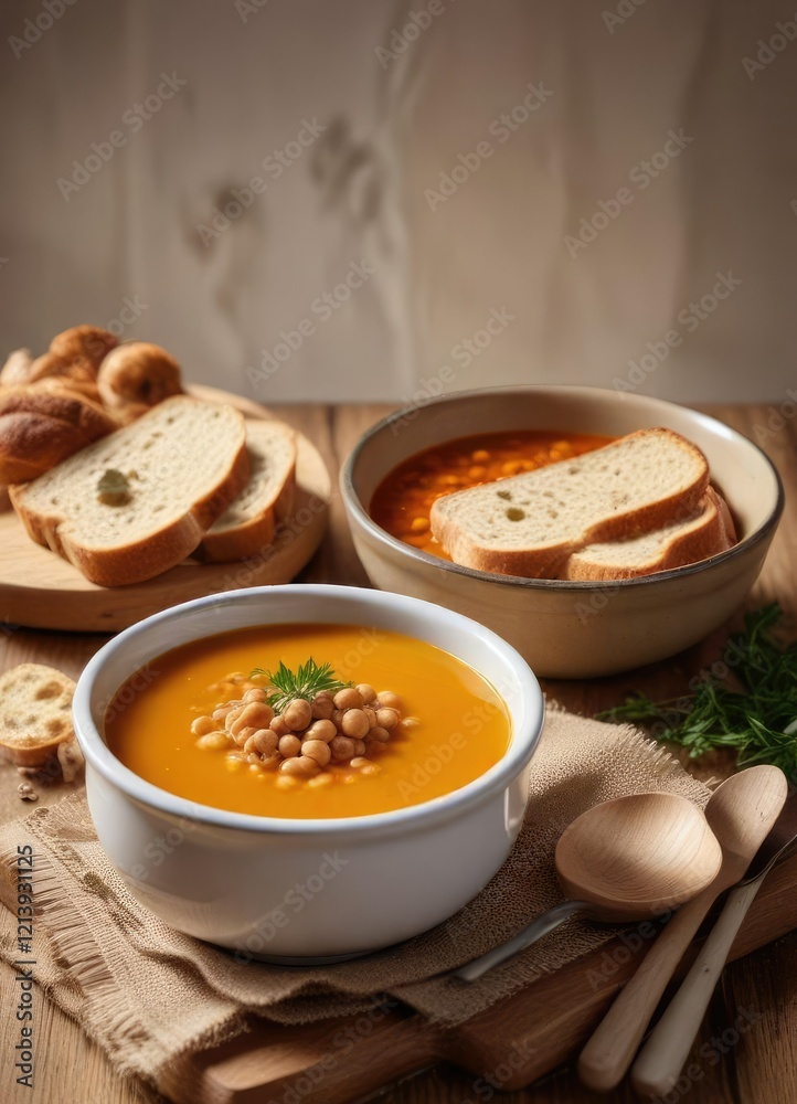 Crusty bread sliced and placed next to a warm bowl of chickpea soup , crusty, accompaniment, appetizing Crusty bread sliced and placed next to a warm bowl of chickpea soup , crusty, accompaniment, appetizing