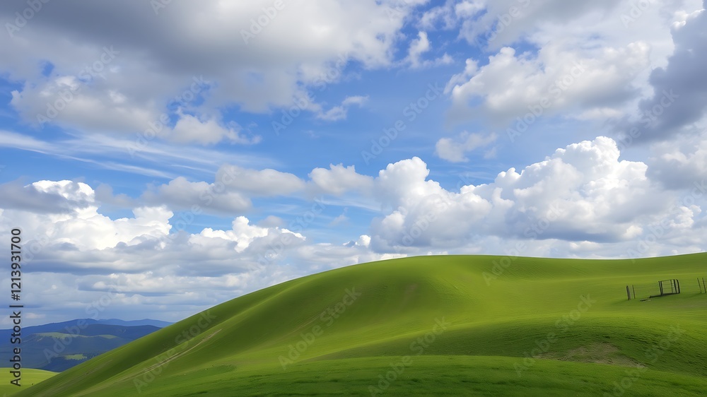 Serene rolling green hills under a vibrant blue sky with fluffy white cloudscape, showcasing picturesque natural beauty. Serene rolling green hills under a vibrant blue sky with fluffy white cloudscape, showcasing picturesque natural beauty.