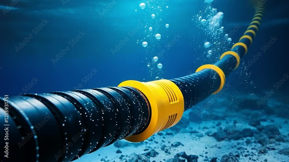 Underwater cable with yellow connector drifting in clear blue ocean water.