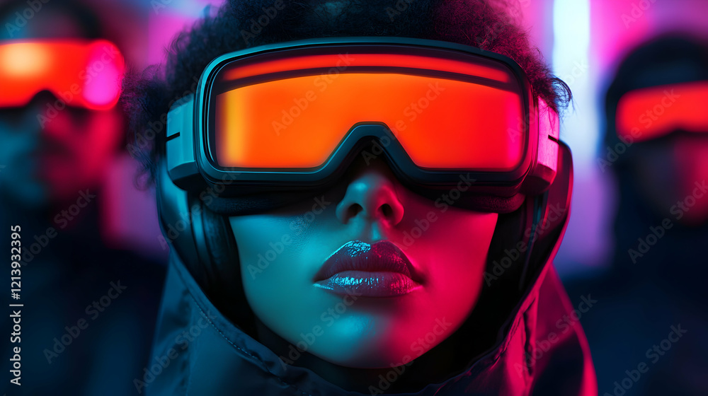 Masked cyberpunk female blending into glowing digital realm, sporting high tech headphones amid shadowy anonymous silhouettes in neon saturated virtual environment Masked cyberpunk female blending into glowing digital realm, sporting high tech headphones amid shadowy anonymous silhouettes in neon saturated virtual environment
