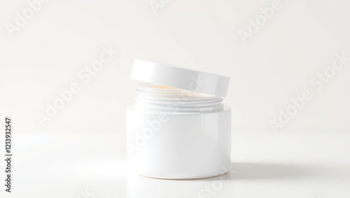 Wallpaper Mural Design of a premium skincare product, featuring a cream-colored jar housed in a pristine, snow-white container with clean lines and a subtle sheen, evoking a sense of luxury and sophistication. Torontodigital.ca