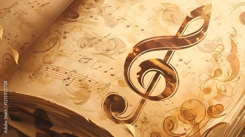 Music poster featuring a treble clef and notes, perfect for a musical background or wall art photo