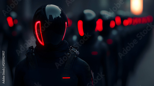 Armored military personnel marching through sleek metallic cityscape, red illuminated helmets signaling technological precision and synchronized urban combat readiness photo