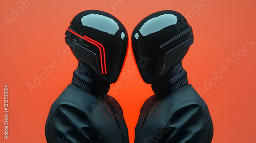 Cyberpunk men in sleek suits confronting each other, wearing glowing red lit full face helmets against fiery orange background, representing technological mystique photo