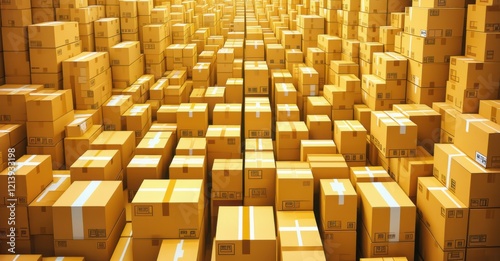 Endless warehouse filled with stacked cardboard boxes, towering storage shelves, industrial logistics hub, supply chain management, organized inventory, efficient packaging, distribution center photo