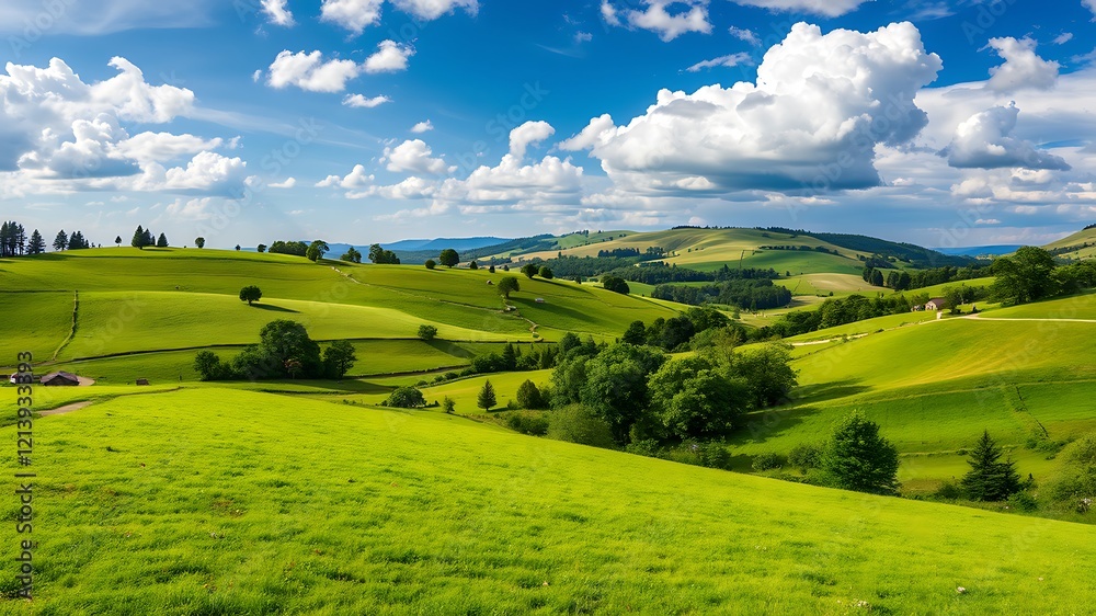 Fototapeta premium Lush green rolling hills and valleys under a vibrant blue sky dotted with fluffy white clouds, showcasing a picturesque rural landscape.