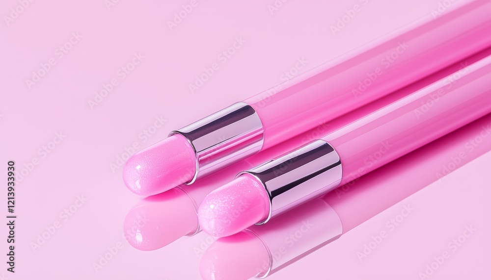 Detailed close-up of three gloss wands coated in creamy pink hues, presented elegantly on reflective surfaces to highlight their polished and modern appeal. Detailed close-up of three gloss wands coated in creamy pink hues, presented elegantly on reflective surfaces to highlight their polished and modern appeal.