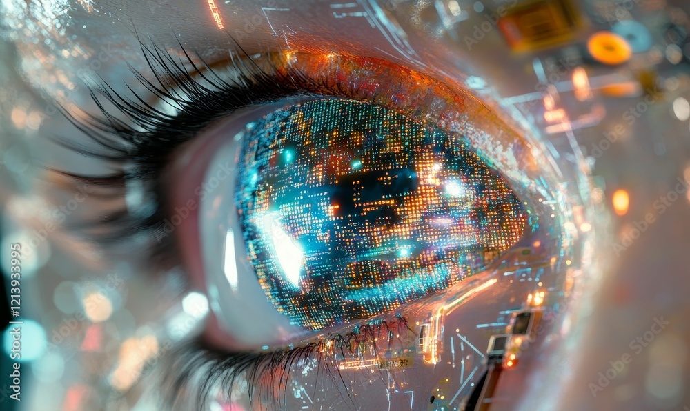 Close-up eye; glowing data reflected in iris. Close-up eye; glowing data reflected in iris.