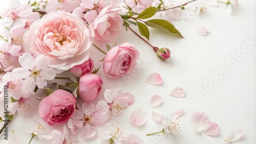 Fototapeta Naklejka Na Ścianę i Meble -  Delicate floral pattern featuring cherry blossoms peonies and garden roses, cherry blossom, romantic aesthetic