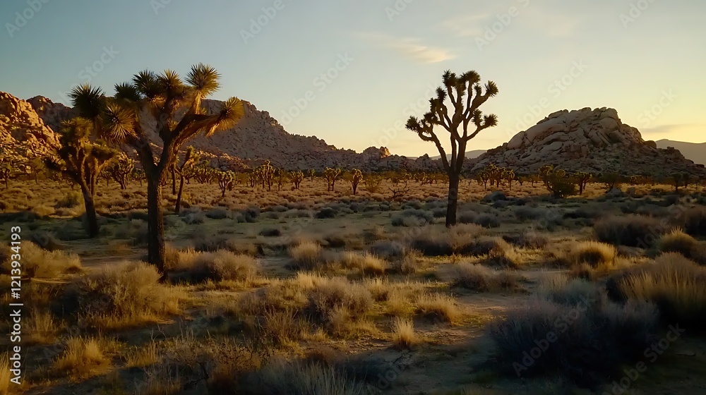 Joshua trees in the fading light of sunset with rocky formations in the background Joshua trees in the fading light of sunset with rocky formations in the background