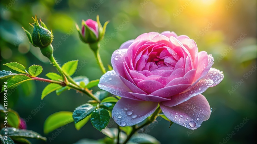 Delicate petals of Damask rose flower unfold in morning dew , flower close-up, nature, flower close-up Delicate petals of Damask rose flower unfold in morning dew , flower close-up, nature, flower close-up
