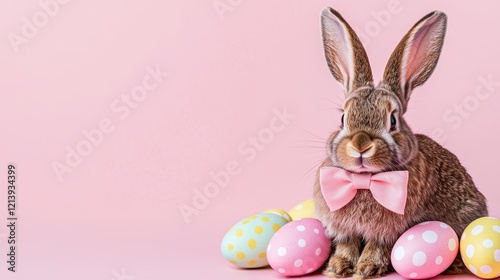 Graceful brown rabbit adorned with a bow, surrounded by festive polka-dot eggs on a pink backdrop. photo