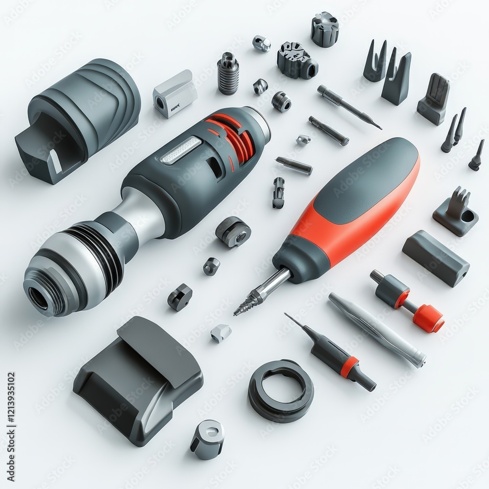 Precision Tools and Components Disassembled on White Surface Precision Tools and Components Disassembled on White Surface