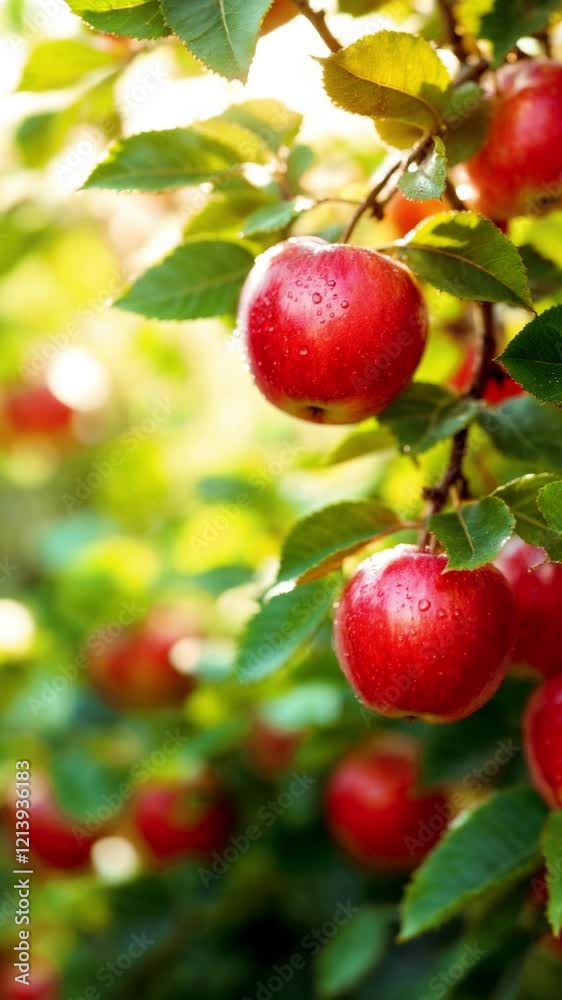 Fresh Red Apples Hanging on Tree Branch in a Sunny Orchard Fresh Red Apples Hanging on Tree Branch in a Sunny Orchard