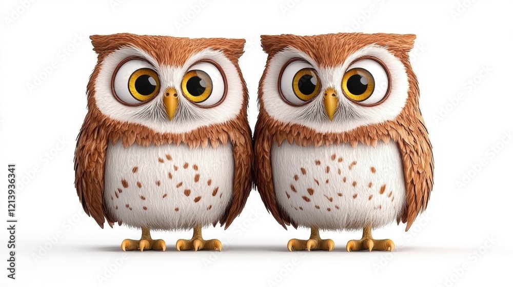 Fototapeta premium Two adorable cartoon owls with big eyes and fluffy feathers, standing together against a white background.