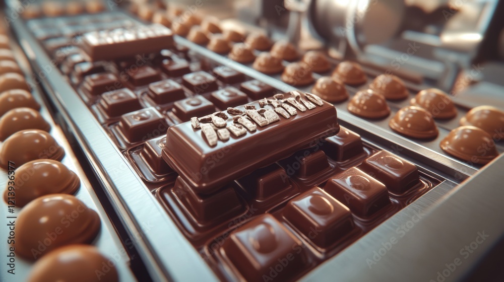 Description: A close-up shot of a chocolate production line, featuring rows of molded chocolates on a metal conveyor belt, with a focus on a decorated chocolate bar. Description: A close-up shot of a chocolate production line, featuring rows of molded chocolates on a metal conveyor belt, with a focus on a decorated chocolate bar.
