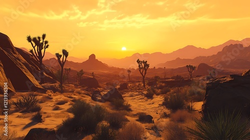 Sunset over rugged rock formations and Joshua trees in the California desert