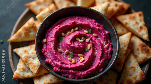 A vibrant bowl of beet hummus is surrounded by fresh, crispy pita chips on a rustic wooden platter. This inviting spread adds color and flavor to any social gathering photo