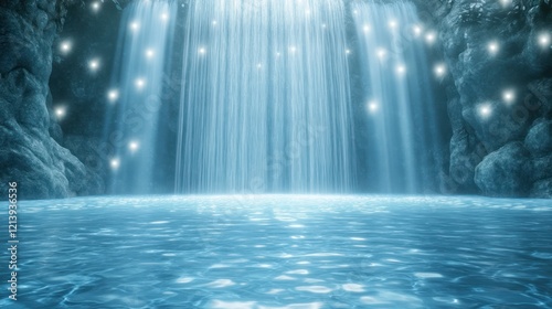 Magical Waterfall Cave Pool Scene with Glowing Lights