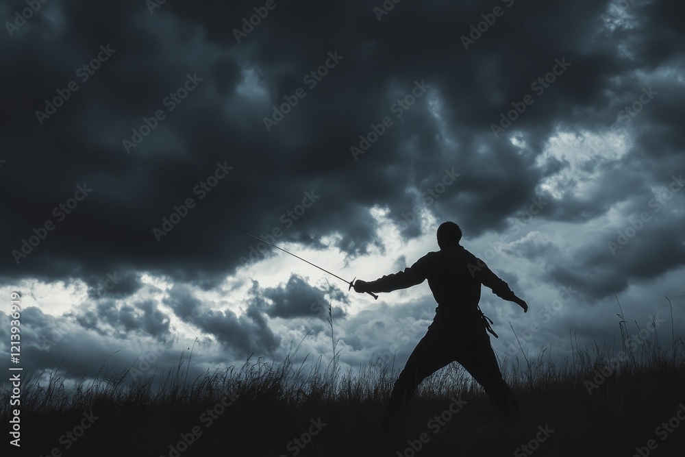 Silhouette of person wielding blade, stormy sky. Silhouette of person wielding blade, stormy sky.