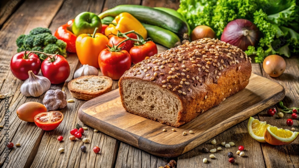 Freshly baked wholewheat seed loaf on a rustic wooden cutting board surrounded by fresh fruits and vegetables Freshly baked wholewheat seed loaf on a rustic wooden cutting board surrounded by fresh fruits and vegetables