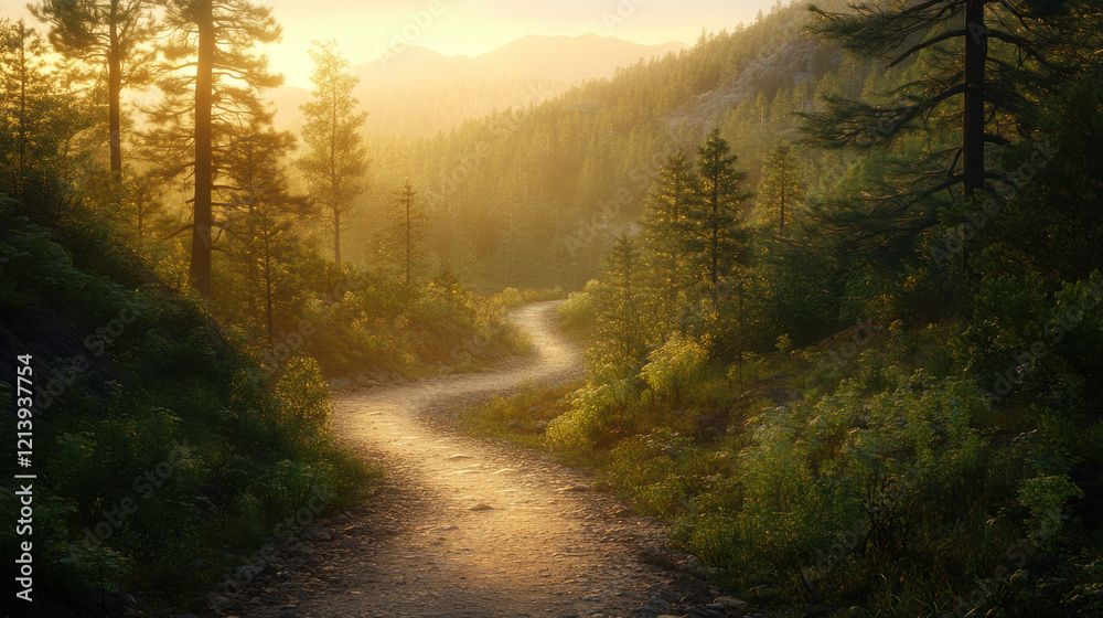 Fototapeta premium A serene mountain path winding through a valley, flanked by tall pine trees and a crystal-clear stream meandering alongside it. Golden hour light bathes the landscape in warm hues, with intricate deta