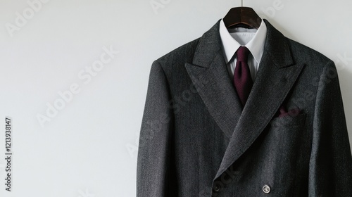 Elegant Dark Grey Double Breasted Suit with Burgundy Tie photo