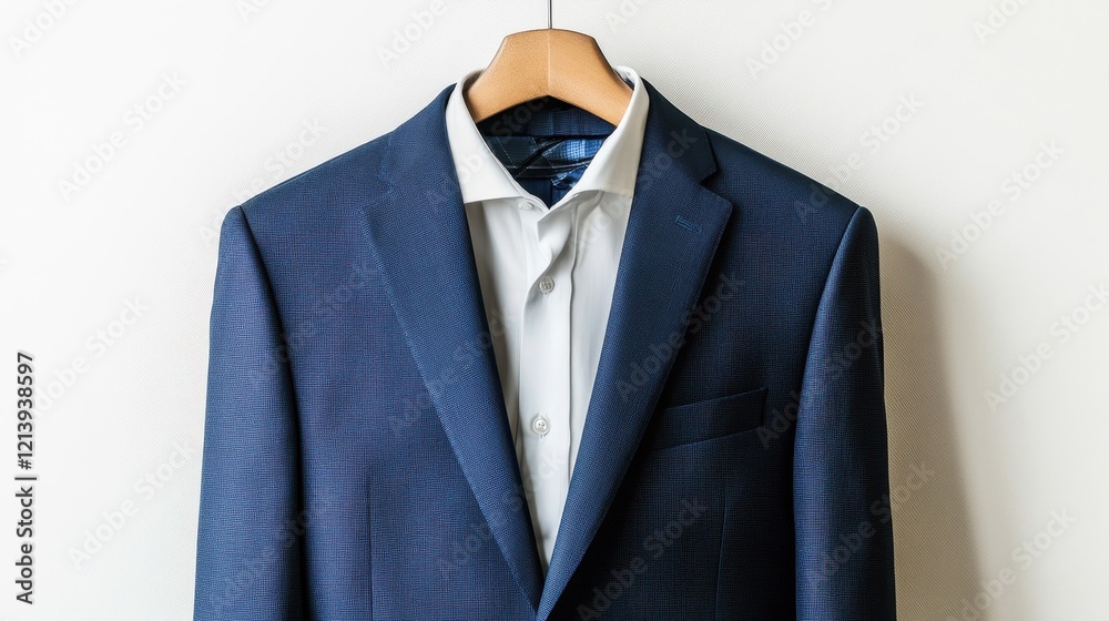 Neatly Pressed Navy Blue Suit Jacket on Hanger Neatly Pressed Navy Blue Suit Jacket on Hanger