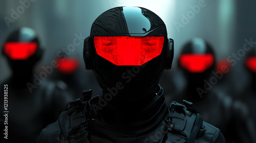 High tech soldiers wearing illuminated helmets with crimson visors marching in synchronized formation, suggesting advanced military technology and potential dystopian landscape photo