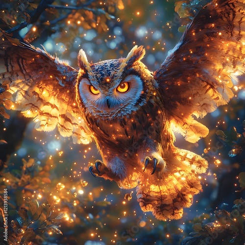 Majestic Gliding Owl Soaring Through Luminescent Enchanted Woodland