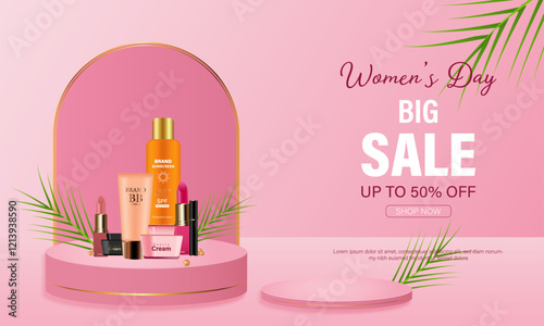 Women's day cosmetics sale offer template design, Sale template design for online beauty store. beauty products vector illustration.