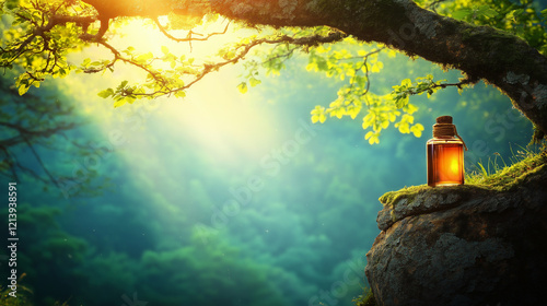 A Beacon of Hope: A solitary lantern glows brightly, casting a warm glow on a rocky cliffside, bathed in the ethereal light of a setting sun. The image evokes a sense of serenity, mystery. photo