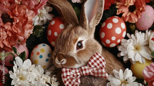 A soft brown bunny adorned with a checkered bow, surrounded by colorful flowers and polka-dot eggs. photo